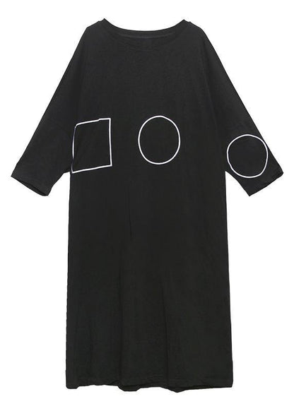 French Black-flower Tunics for O Neck Pockets a Line Dress