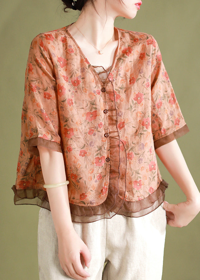 Green V Neck Print Patchwork Linen Shirts Summer