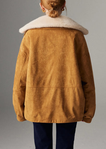 Loose Beige Button Drawstring Detachable Leather and Fur Coats Winter