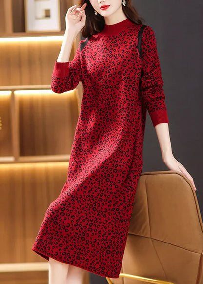 Green Leopard Jacquard Patchwork Thick Woolen Dress Winter