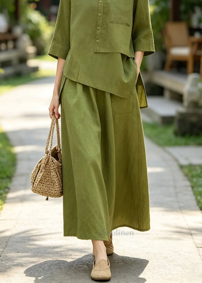 Green Asymmetrical Top and Skirts Cotton 2 Piece Outfit Summer