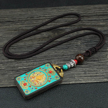 Buddha Stones Tibet God of Wealth Money Tree Golden Phoenix Thangka Ebony Peace Necklace Pendant