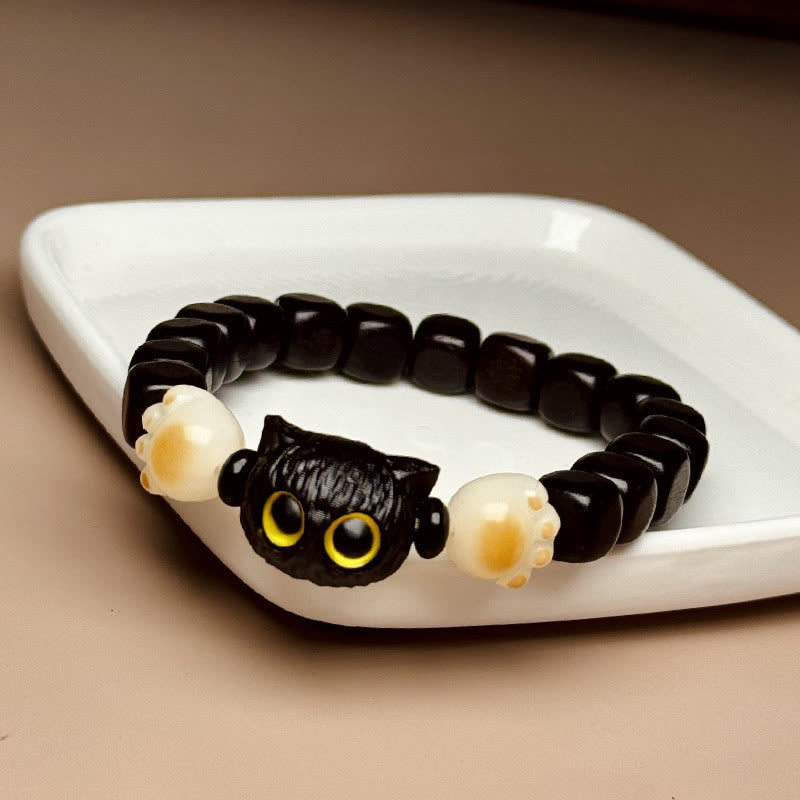 Buddha Stones Ebony Wood Cat Bodhi Seed Paw Claw Peace Bracelet