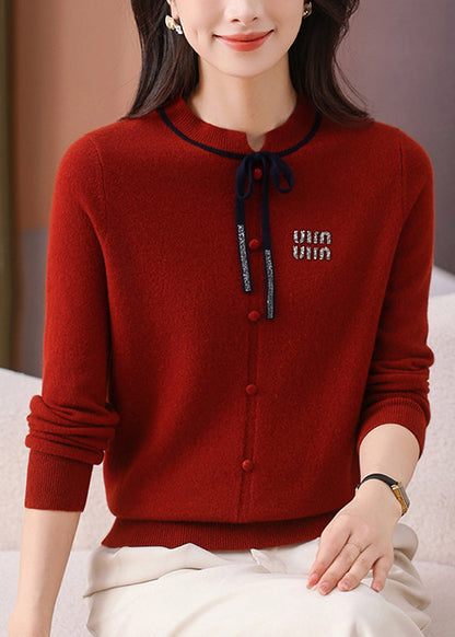 Simple Red Button Thick Woolen Sweater Long Sleeve Winter
