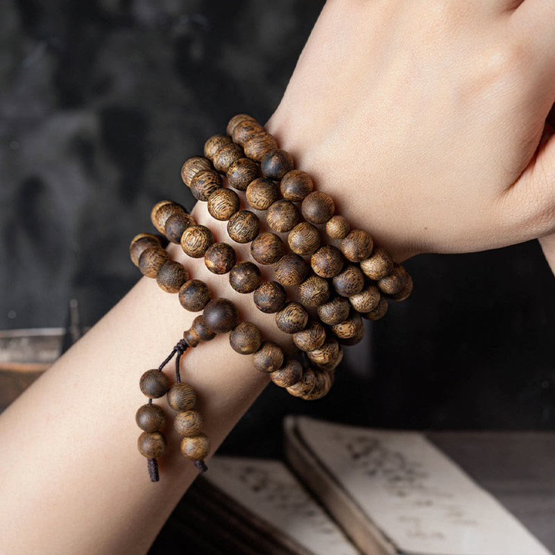 108 Bead White Qinan Agarwood Wood Mala Bracelet Calm Strength