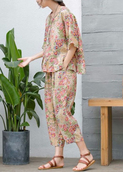 Loose Print Pockets Elastic Waist Cotton Sets 2 Pieces Half Sleeve