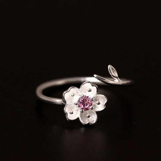 925 Sterling Silver Cherry Blossom Adjustable Spiritual Ring Blessing