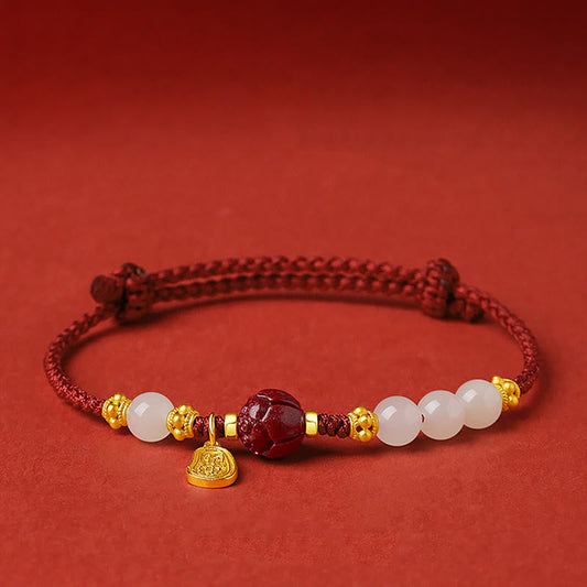 Buddha Stones Fu Character Jade Cinnabar 24k Gold Plated Luck Red String Bracelet