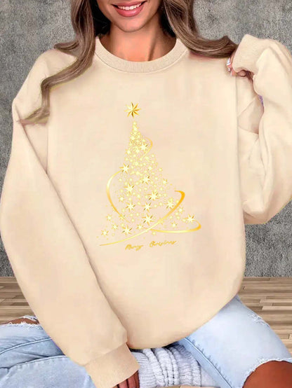 Yule Sweatshirt with Cotton Print Golden Christmas Tree Design