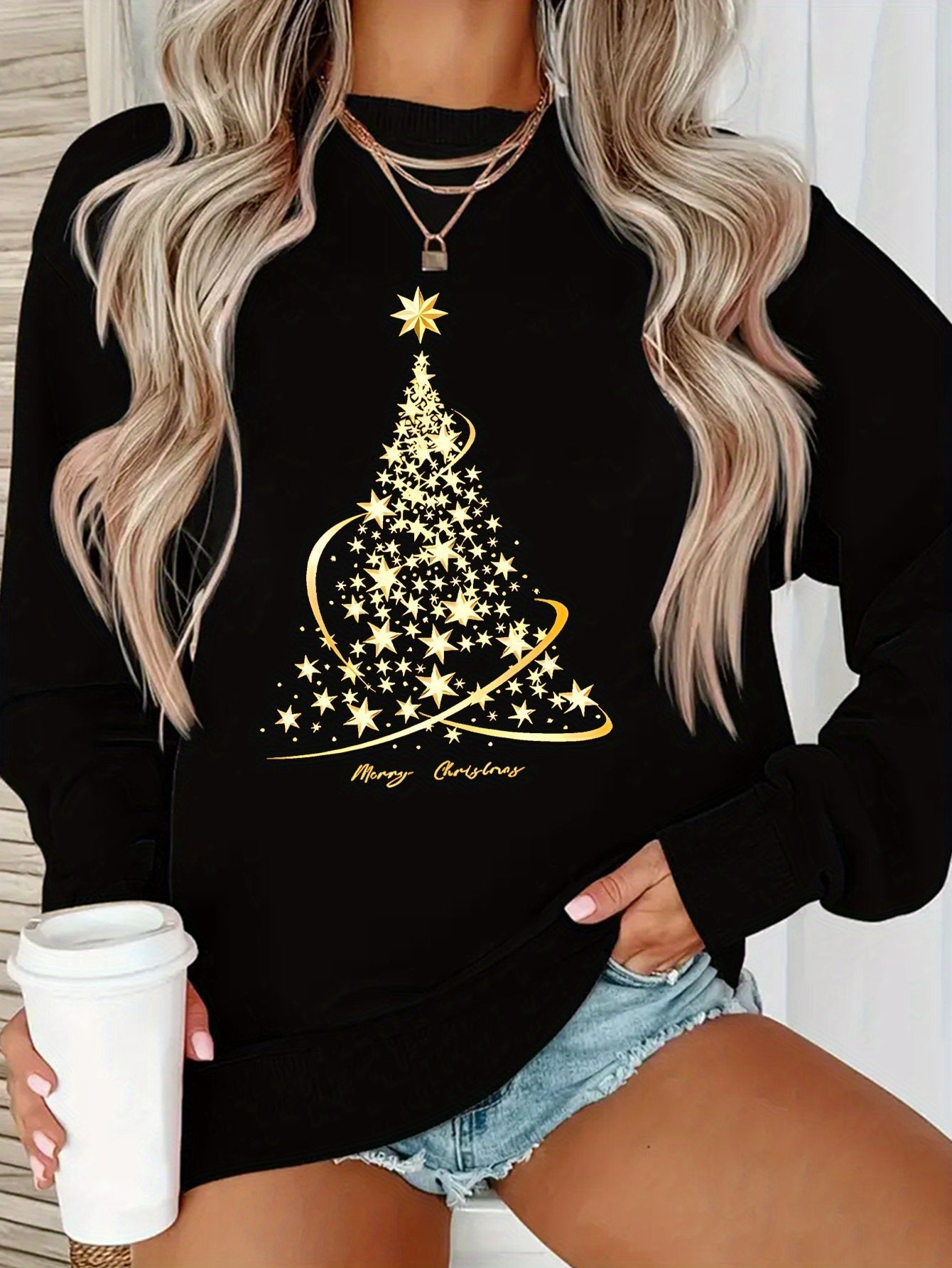 Yule Sweatshirt with Cotton Print Golden Christmas Tree Design