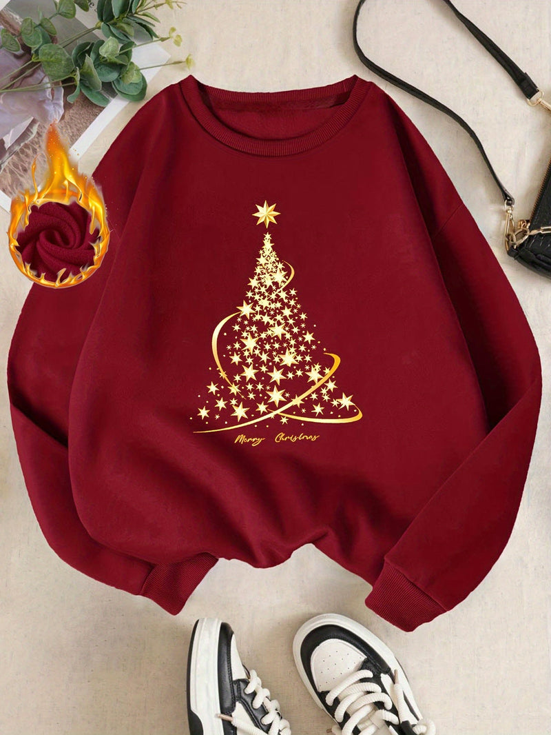Yule Sweatshirt with Cotton Print Golden Christmas Tree Design