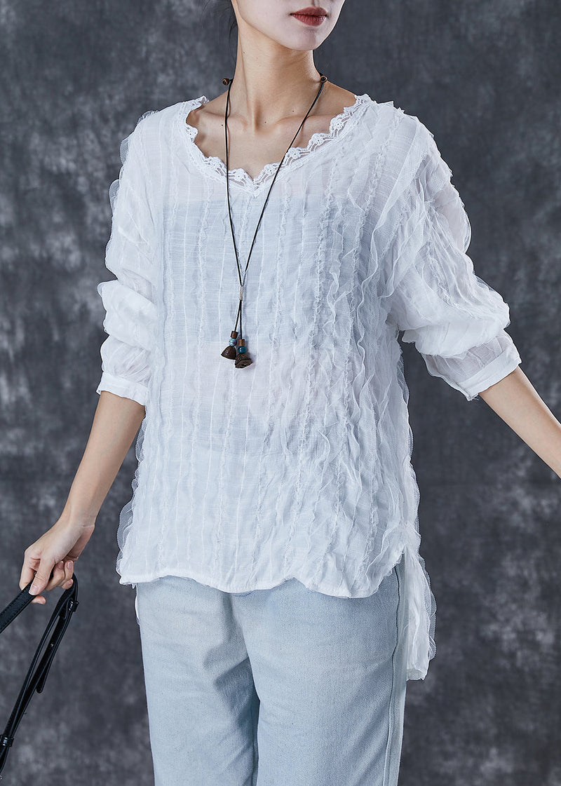 White Ruffled Low High Design Cotton Shirt Top Fall