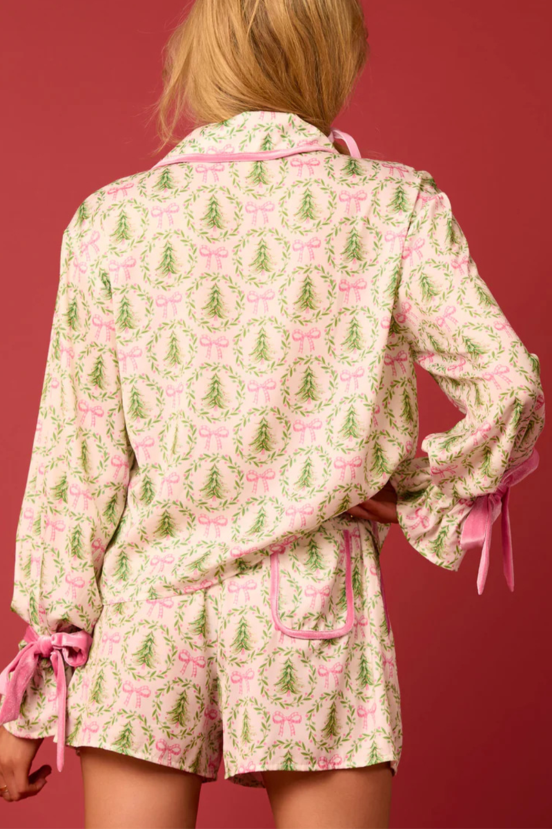 Casual Santa Claus Christmas Tree Lace-Up Contrast Collar Long Sleeve Two-Piece (4 Colors)
