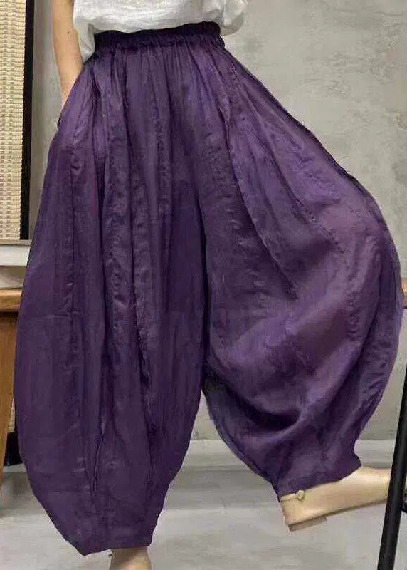 Khaki Pockets Patchwork Elastic Waist Linen Wide Leg Pants