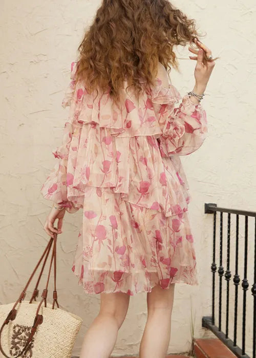 Pink Print Lace Up Chiffon Fall Mid Dress Cold Shoulder