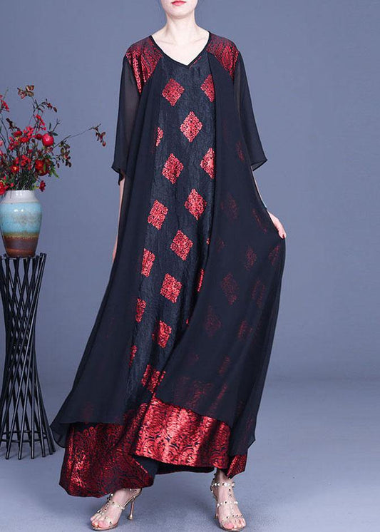 Red Print Patchwork Summer Silk Party Dress