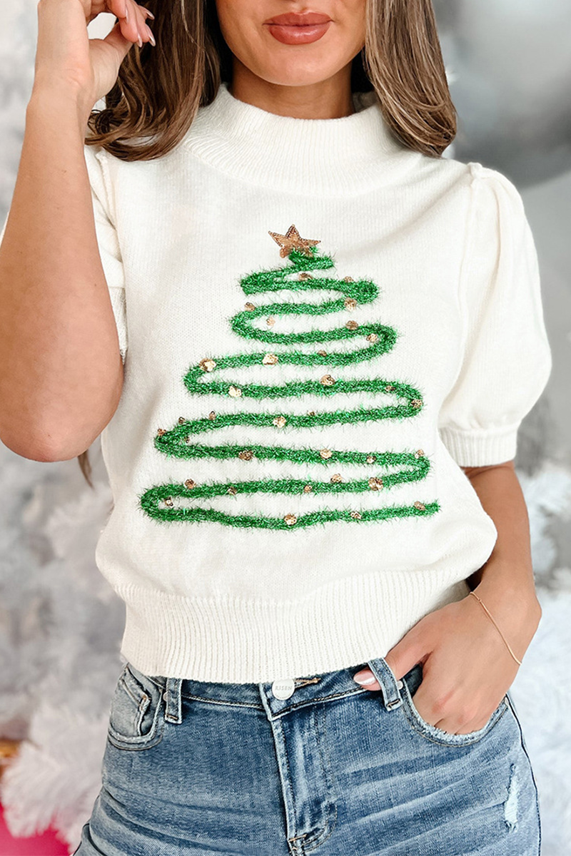 Casual Turtleneck Sweater with Christmas Tree Sequin Patchwork