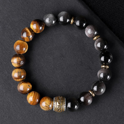 Buddha Stones Natural Silver Sheen Obsidian Tiger's Eye Six True Words 'om Mani Padme Hum' Strength Bracelet