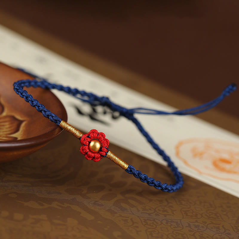 Buddha Stones 999 Gold Mini Bead Handmade Flower Design Luck Protection Rope Bracelet