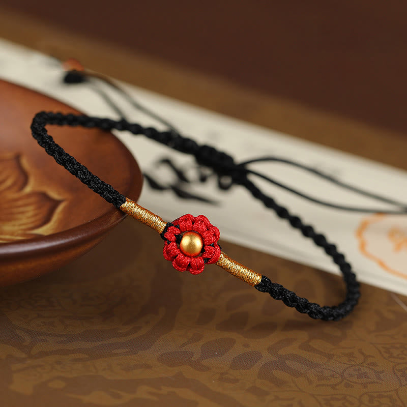 Buddha Stones 999 Gold Mini Bead Handmade Flower Design Luck Protection Rope Bracelet