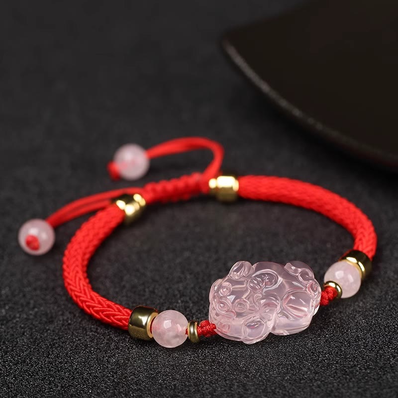 Buddha Stones Pixiu Pink Crystal Wealth String Braided Bracelet