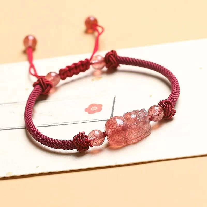 Buddha Stones Natural Strawberry Quartz Pixiu Red String Braided Protection Bracelet