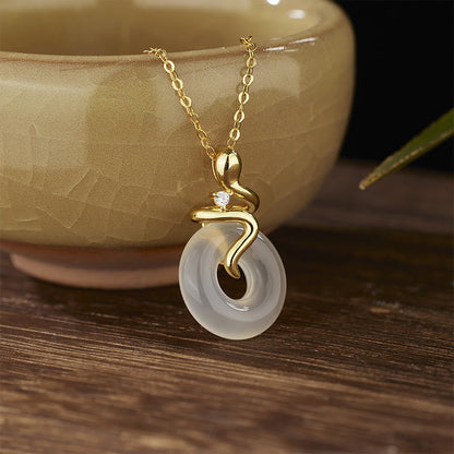Buddha Stones 925 Sterling Silver Year of the Snake Chalcedony Peace Buckle Positive Necklace Pendant