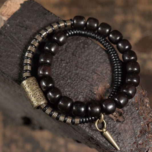 Buddha Stones Ebony Wood Copper Brass Bead Cone Double Wrap Balance Bracelet