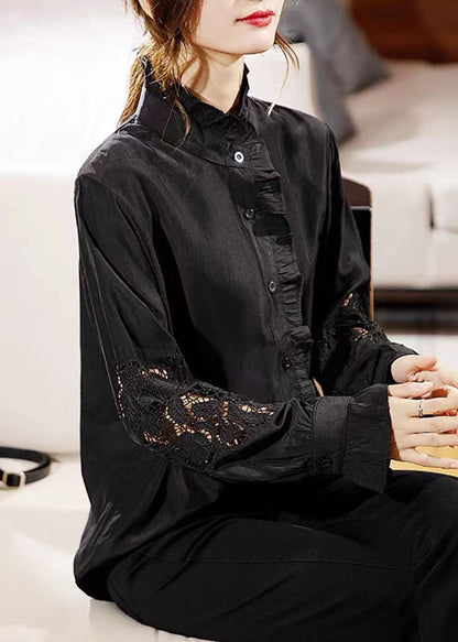 Chocolate Ruffled Hollow Out Chiffon Shirt Long Sleeve
