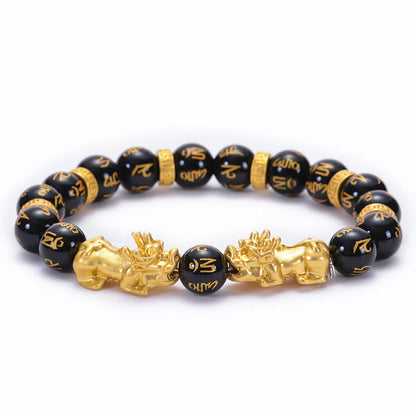 Buddha Stones Black Obsidian Black Onyx Golden Alloy Two Pixiu Om Mani Padme Hum Strength Bracelet