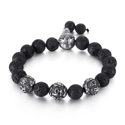 Buddha Stones Natural Tiger Eye Lava Rock Black Obsidian Titanium Steel Six-true-words Om Mani Padme Hum Protection Bracelet
