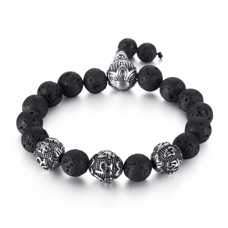 Buddha Stones Natural Tiger Eye Lava Rock Black Obsidian Titanium Steel Six-true-words Om Mani Padme Hum Protection Bracelet