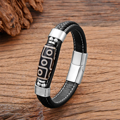 Buddha Stones Tibetan Nine-eye Dzi Bead Wealth Leather Buckle Bracelet