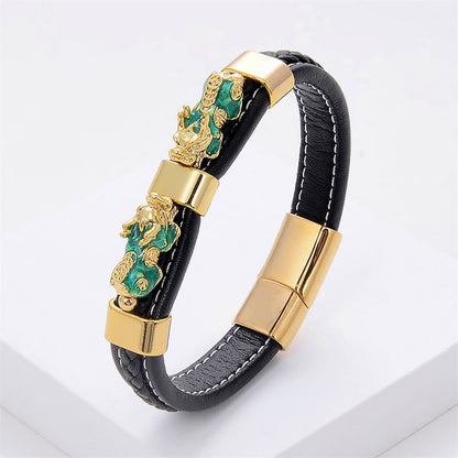 Buddha Stones Double Pixiu Wealth Luck Leather Magnetic Buckle Bracelet
