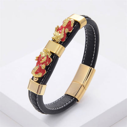 Buddha Stones Double Pixiu Wealth Luck Leather Magnetic Buckle Bracelet