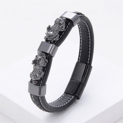 Buddha Stones Double Pixiu Wealth Luck Leather Magnetic Buckle Bracelet