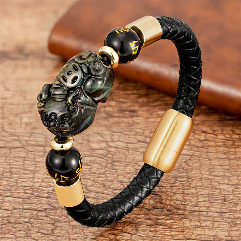 Buddha Stones Tiger Eye Black Onyx Red Agate Pixiu Copper Coin Om Mani Padme Hum Strength Leather Bracelet