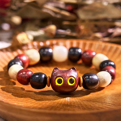 Buddha Stones Small Leaf Red Sandalwood Ebony Wood Cat Engraved Protection Bracelet
