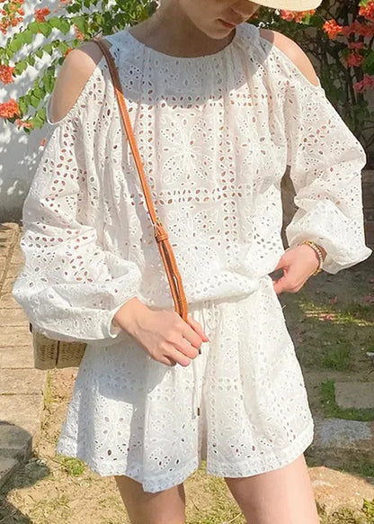 Boutique Beige Cold Shoulder Shirt and Shorts Cotton Two Pieces Set Summer