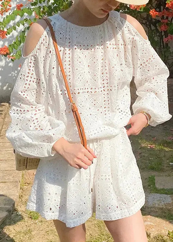 Boutique Beige Cold Shoulder Shirt and Shorts Cotton Two Pieces Set Summer