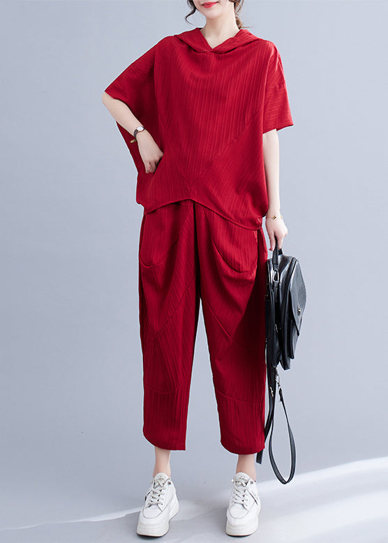 Mulberry Hooded Patchwork Two Piece Set Batwing Sleeve