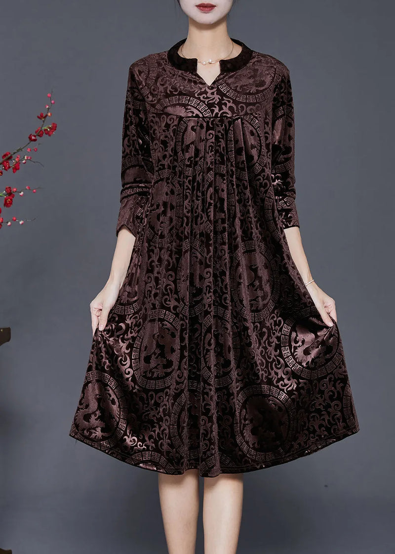 Chocolate V Neck Print Silk Velour Maxi Dresses Fall