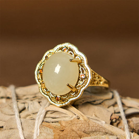 Buddha Stones Natural Hetian Jade Egg Copper Open Luck Ring