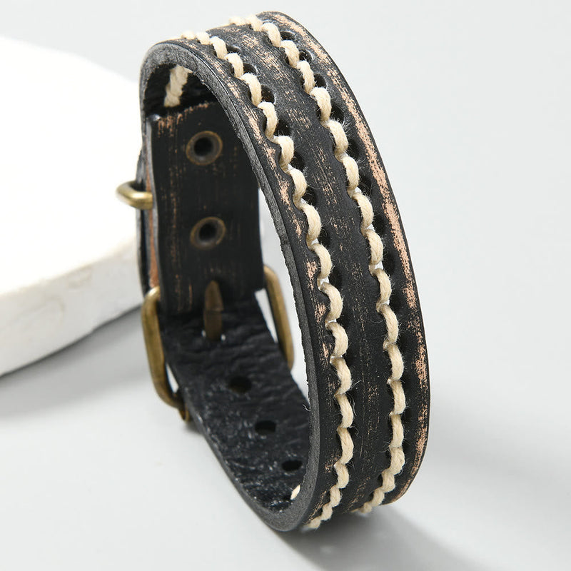 Buddha Stones Leather Adjustable Buckle Strengthen Bracelet