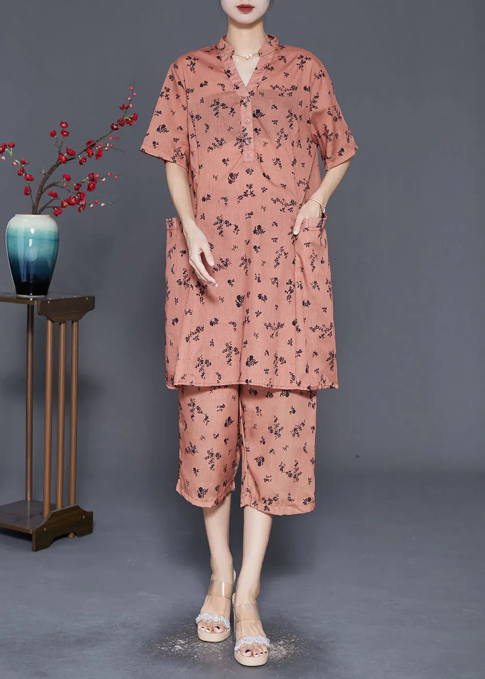 Orange Oversized Print Pockets Cotton Two Pieces Set Summer