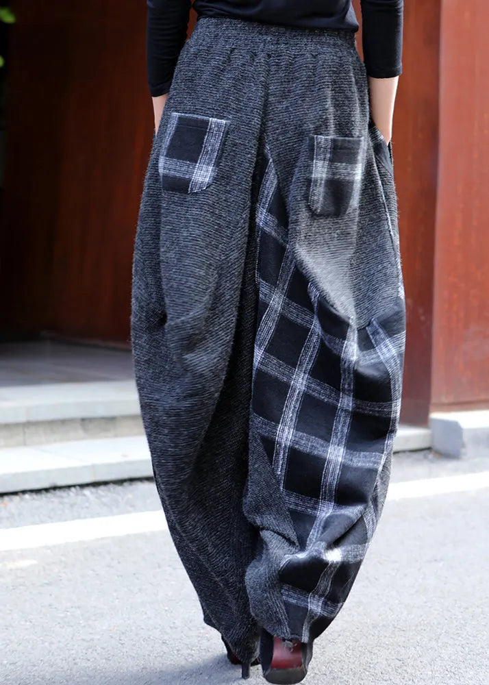 Plaid Patchwork Elastic Waist Lantern Pants Fall