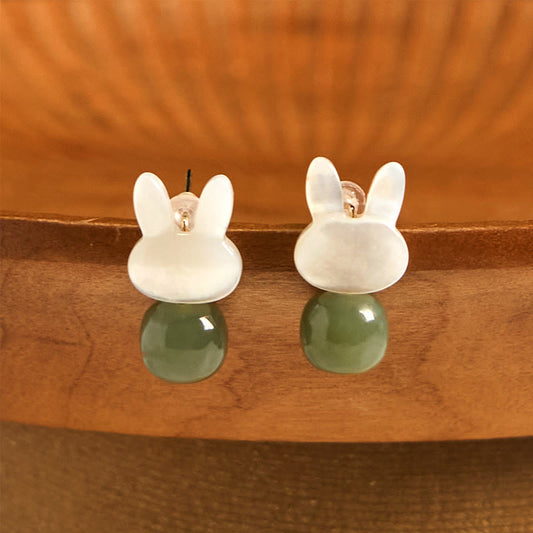 Buddha Stones Tridacna Stone Rabbit Hetian Jade Luck Earrings