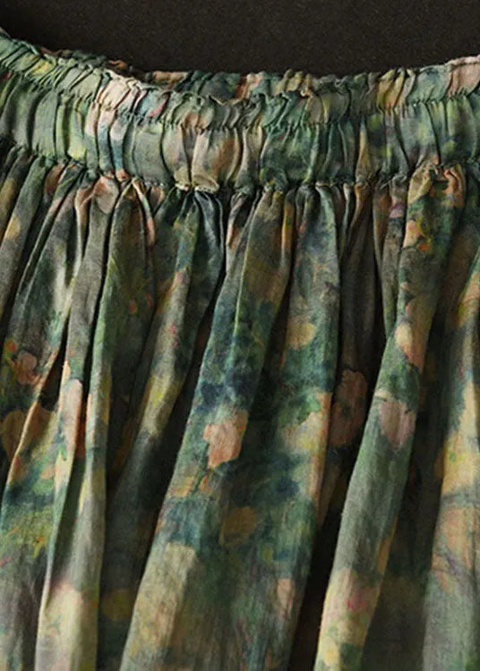 Green Wrinkled Pockets Patchwork Linen Skirts Summer