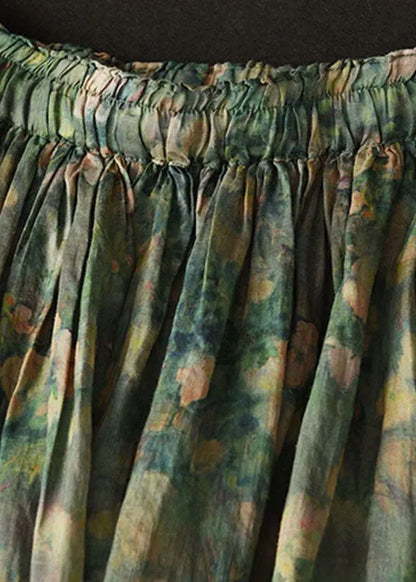 Green Wrinkled Pockets Patchwork Linen Skirts Summer