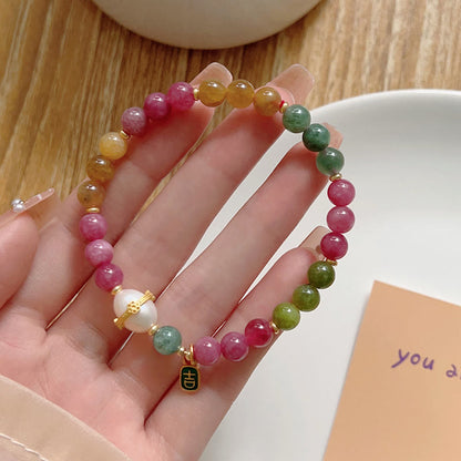 Buddha Stones Colorful Tourmaline Lucky Cat Positive Bracelet